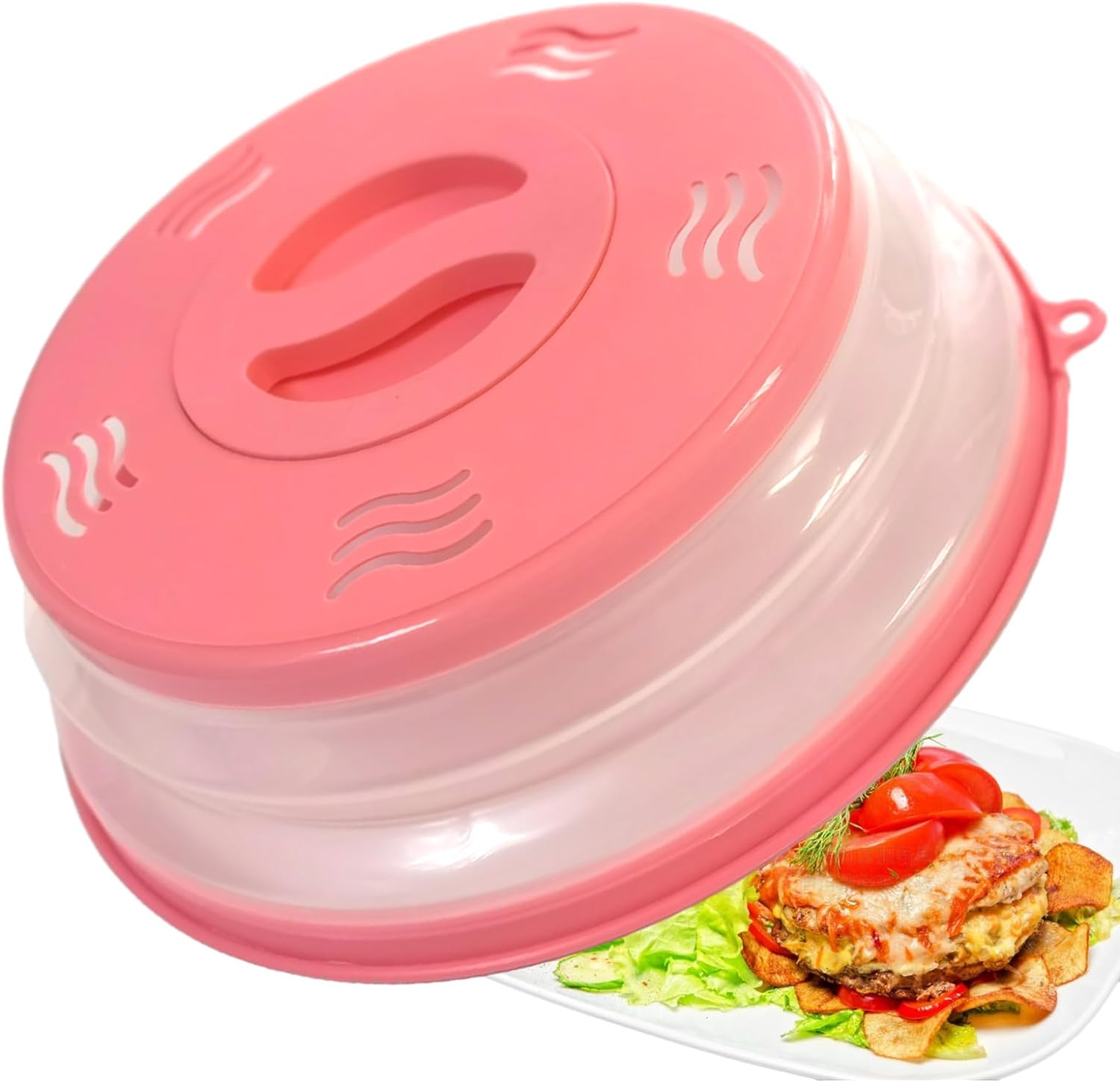 Microwave Splatter Silicone Cover Vented with Hook Hole for Food (Pink)