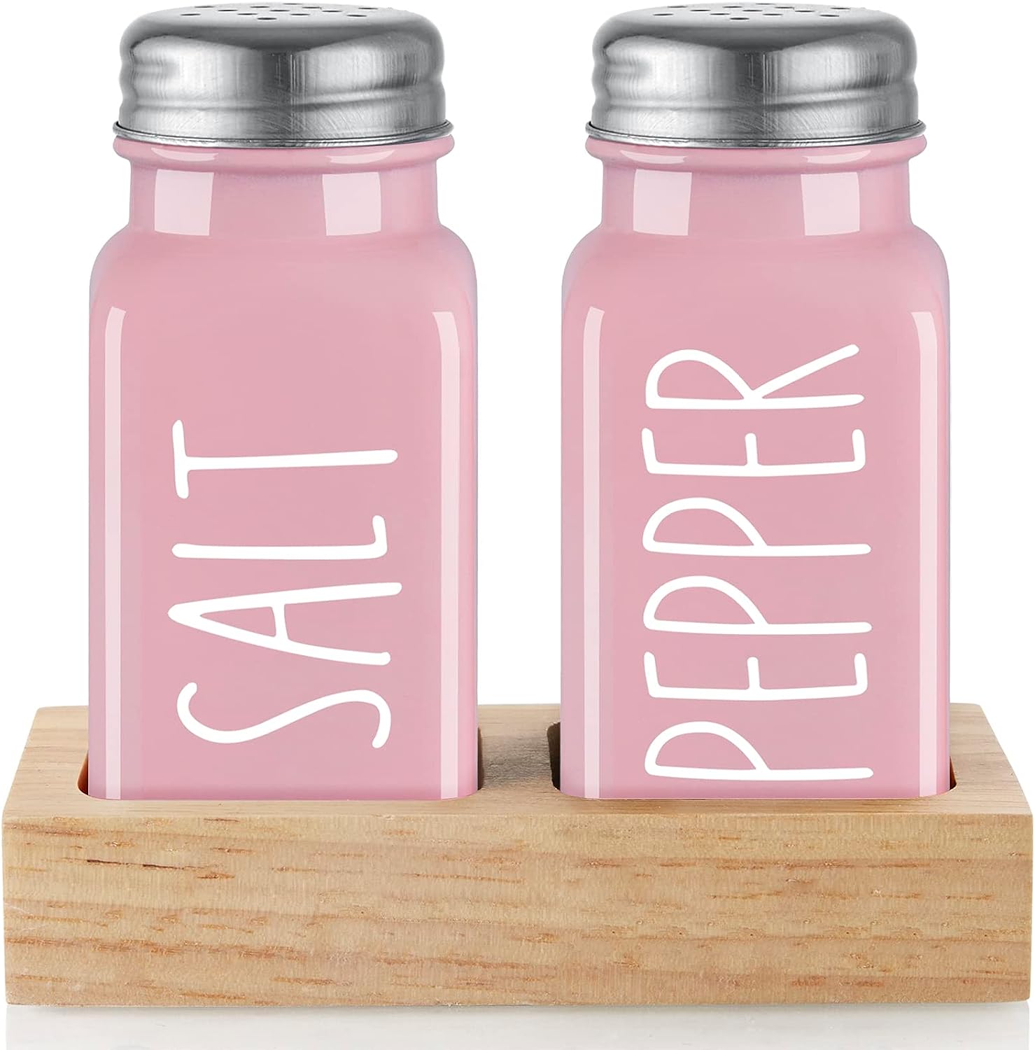 Salt Shaker with Wood Tray for Kitchen Counter (2.7 oz/ Pink)