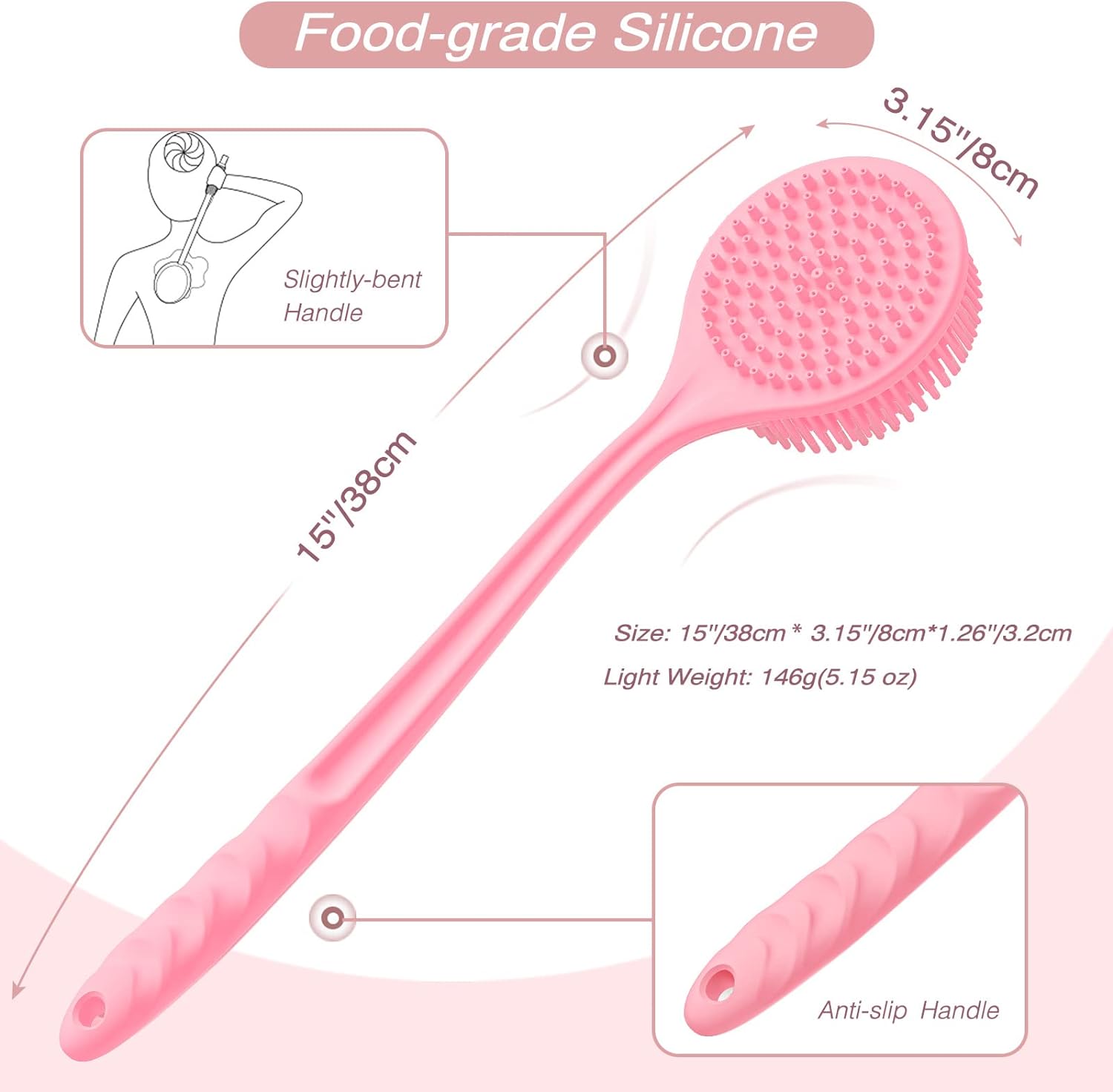 Silicone Back Scrubber Cleaning Body Scrubber with a Free Hook (Pink)