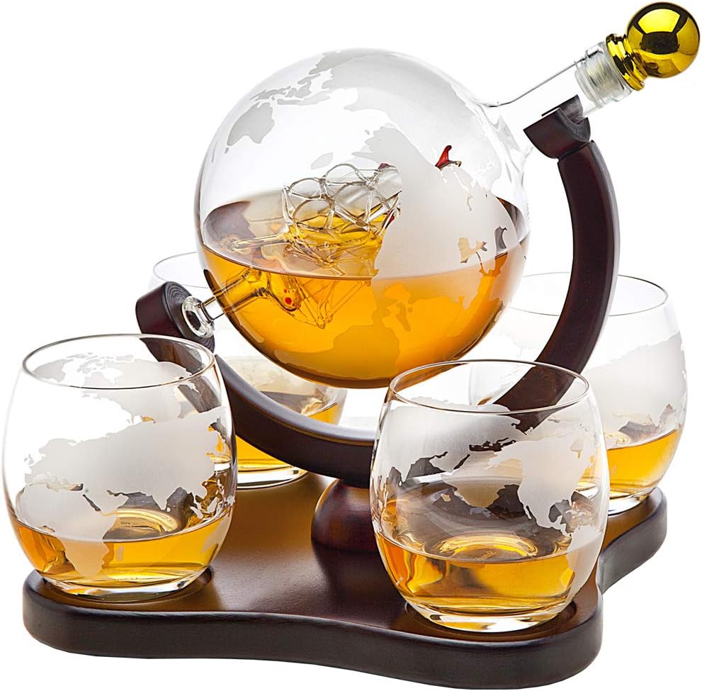 Whiskey Decanter Globe Set with 4 Etched Globe Whisky Glasses, 850ML