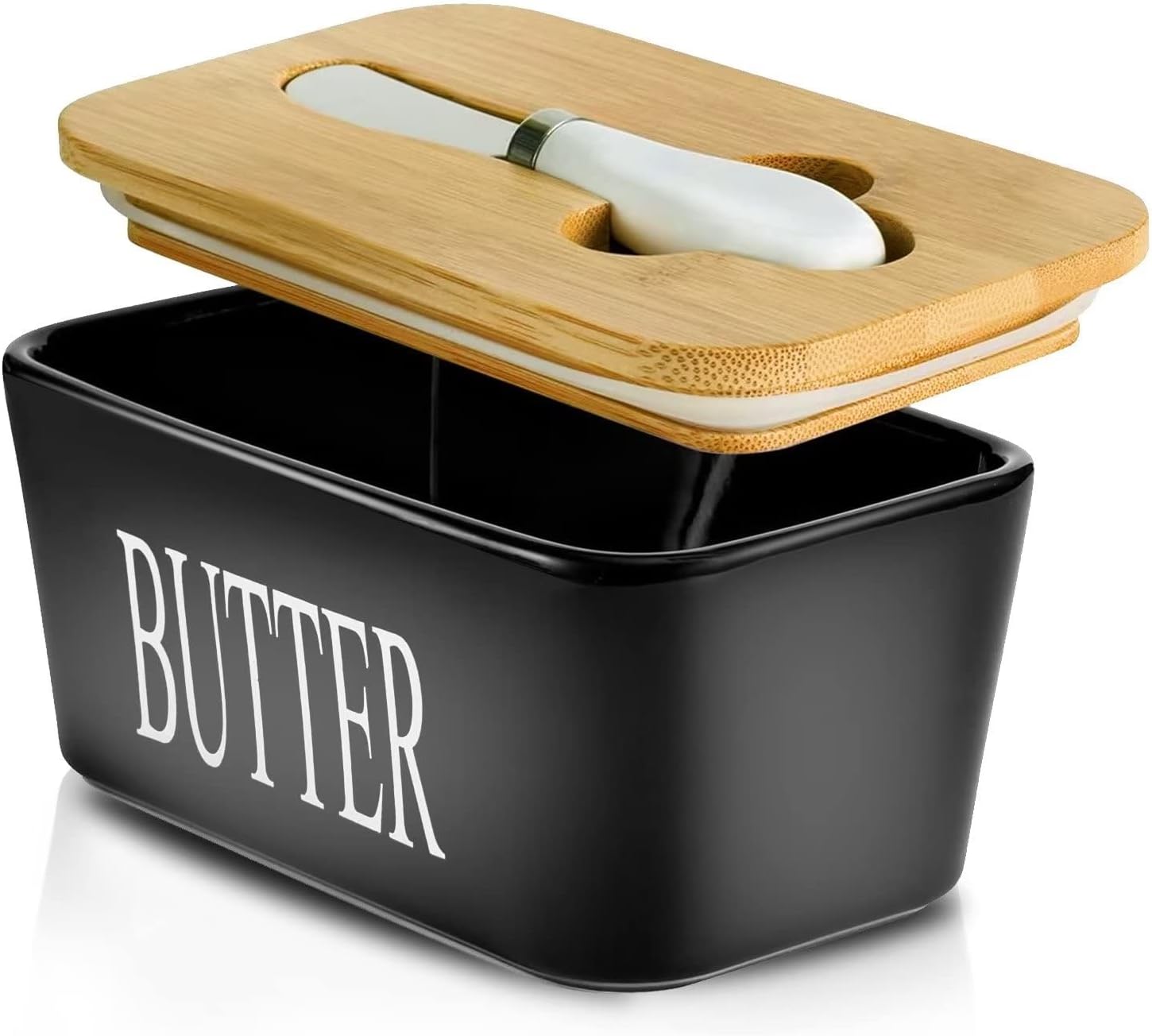 Butter Airtight Container with Bamboo Lid and Knife, Black