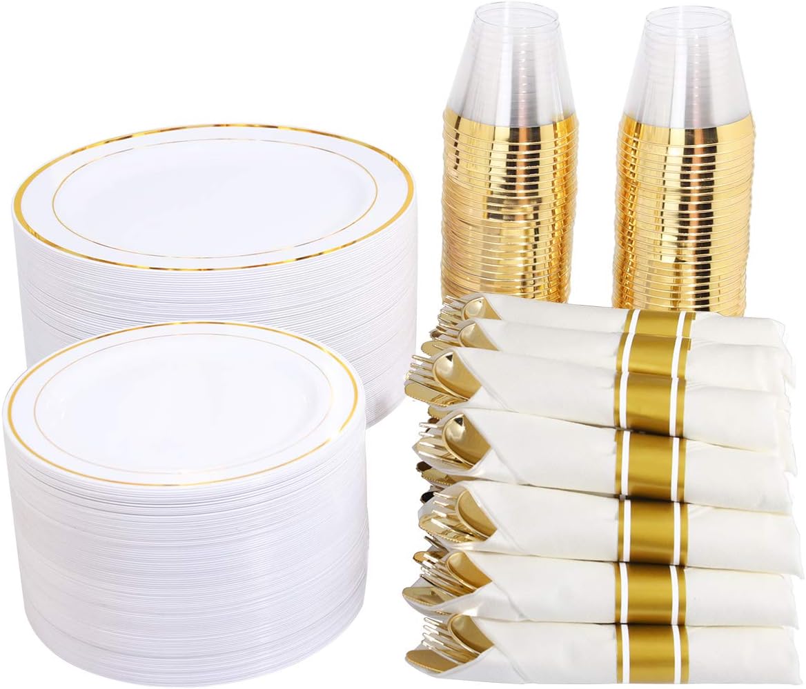 350 Pieces Gold Plastic Plates with Disposable Silverware and Cups