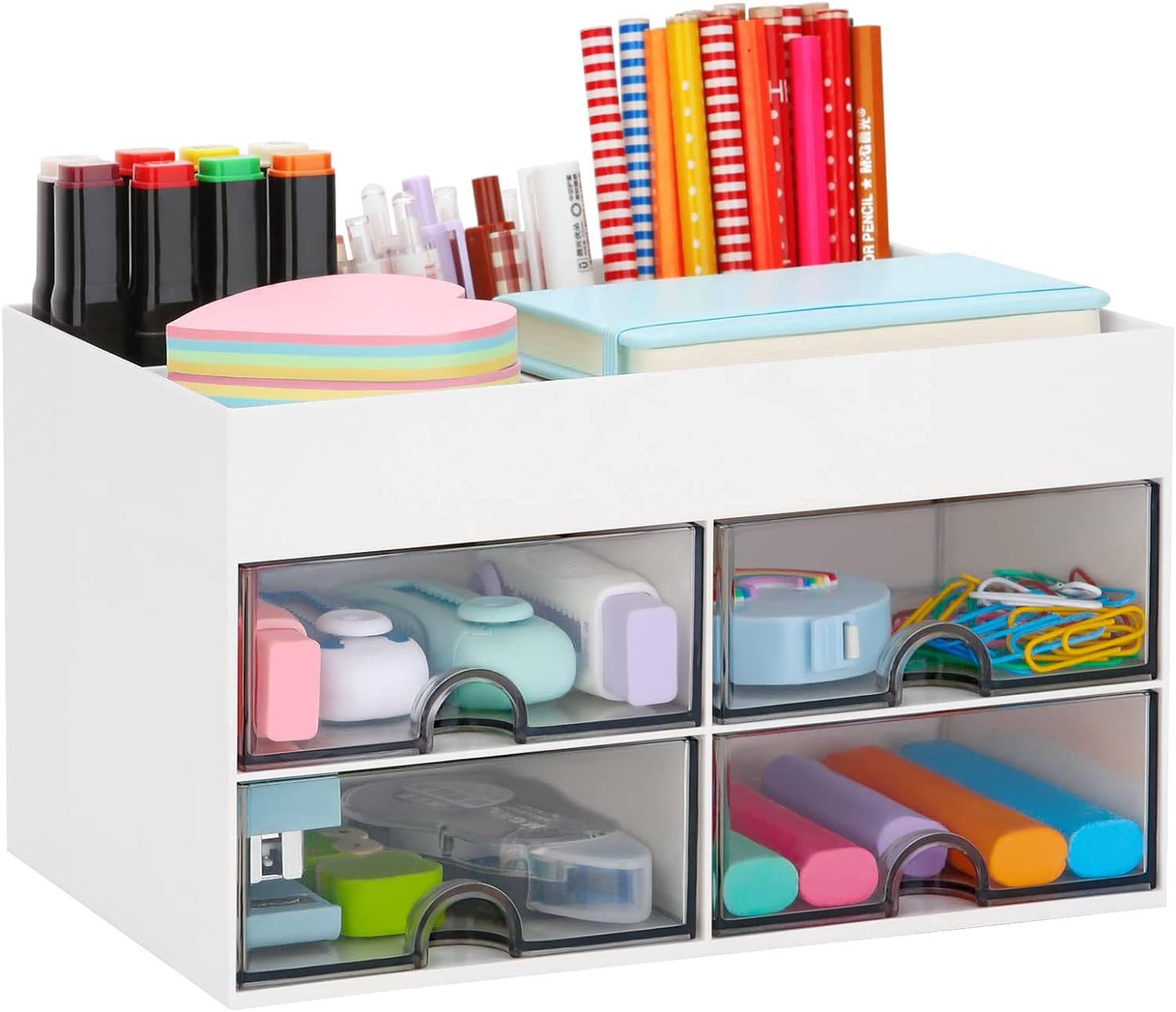 Desk Organizer Office Desktop Organizer with Drawer Storage Box (White)