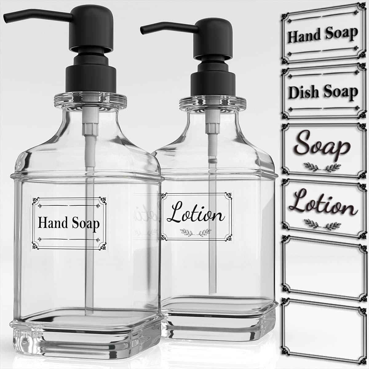 2 Pack Soap Dispenser 18 Ounces Antique Design Thick Glass Hand Dispensers with Pump and Stickers