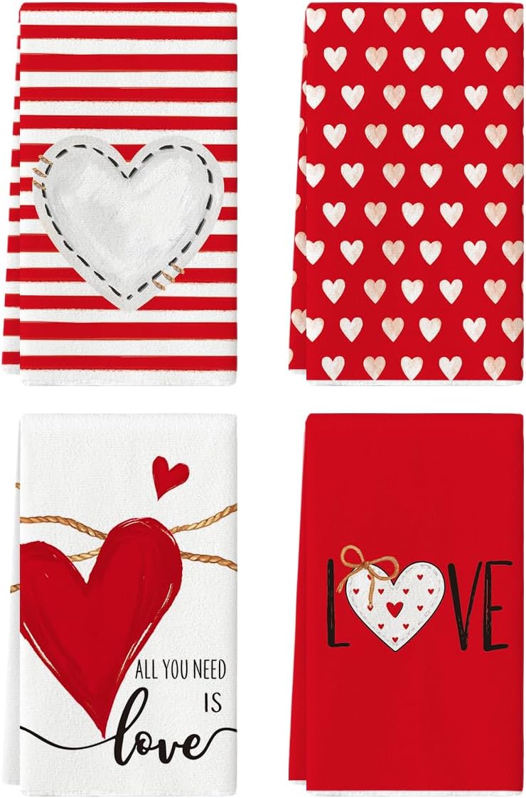 Stripes Love Heart Valentine's Day Kitchen Towels Dish Towels (18" x 26")