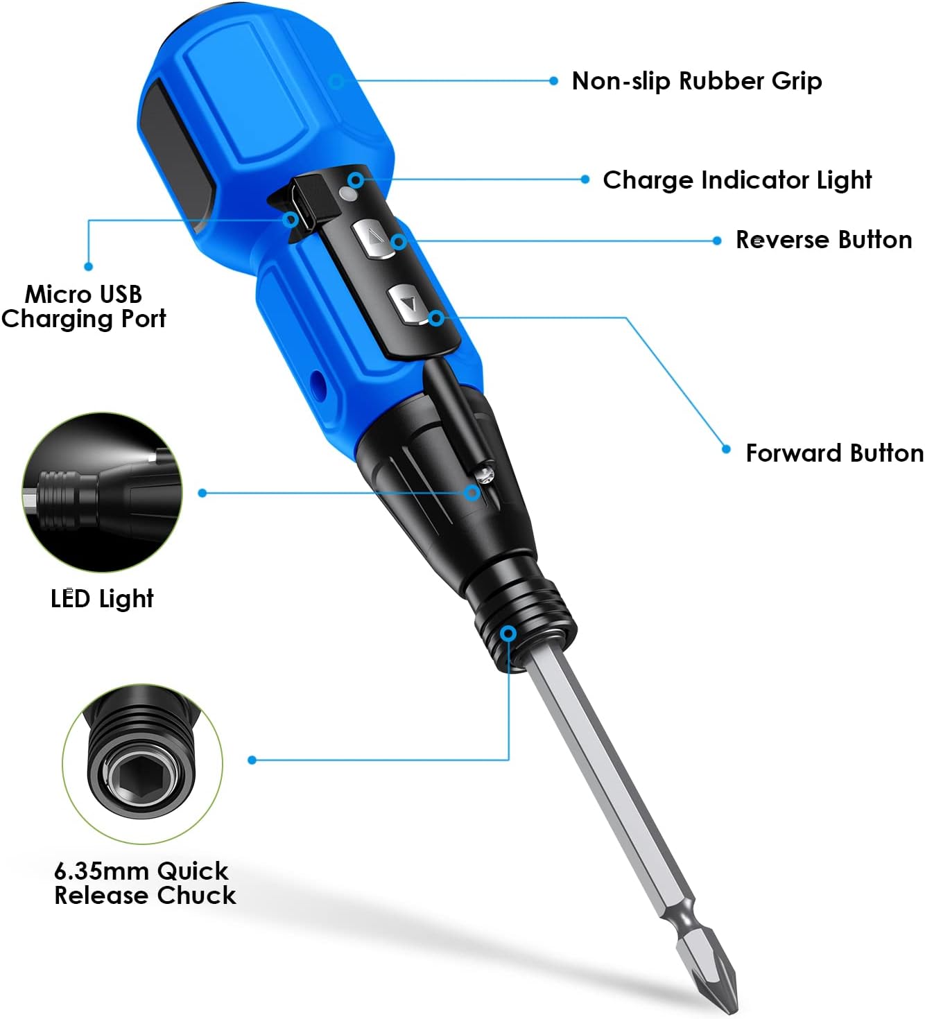 Electric Screwdriver Sets, Portable Automatic Home Repair Tool Kit with LED Lights and USB Cable, Blue