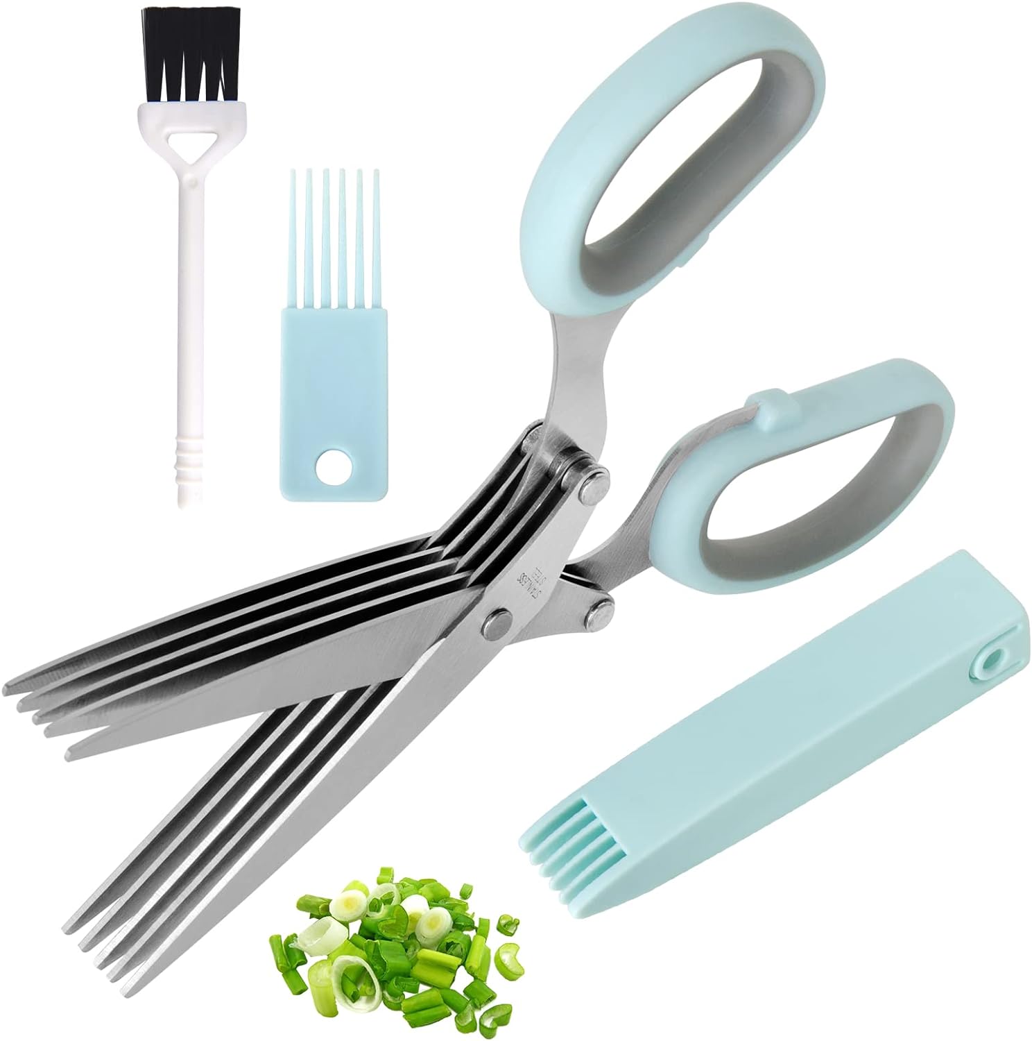 Kitchen Salad Scissors with 5 Blade and Cover (Blue)