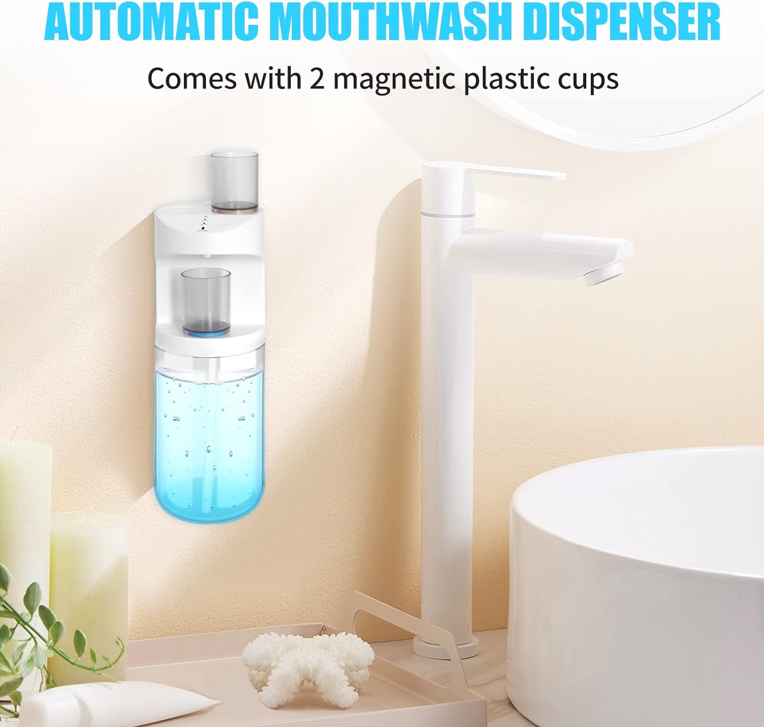 Automatic Mouthwash Wall Mounted Dispenser Touchless 550mL with 2 Magnetic Cups for Bathroom