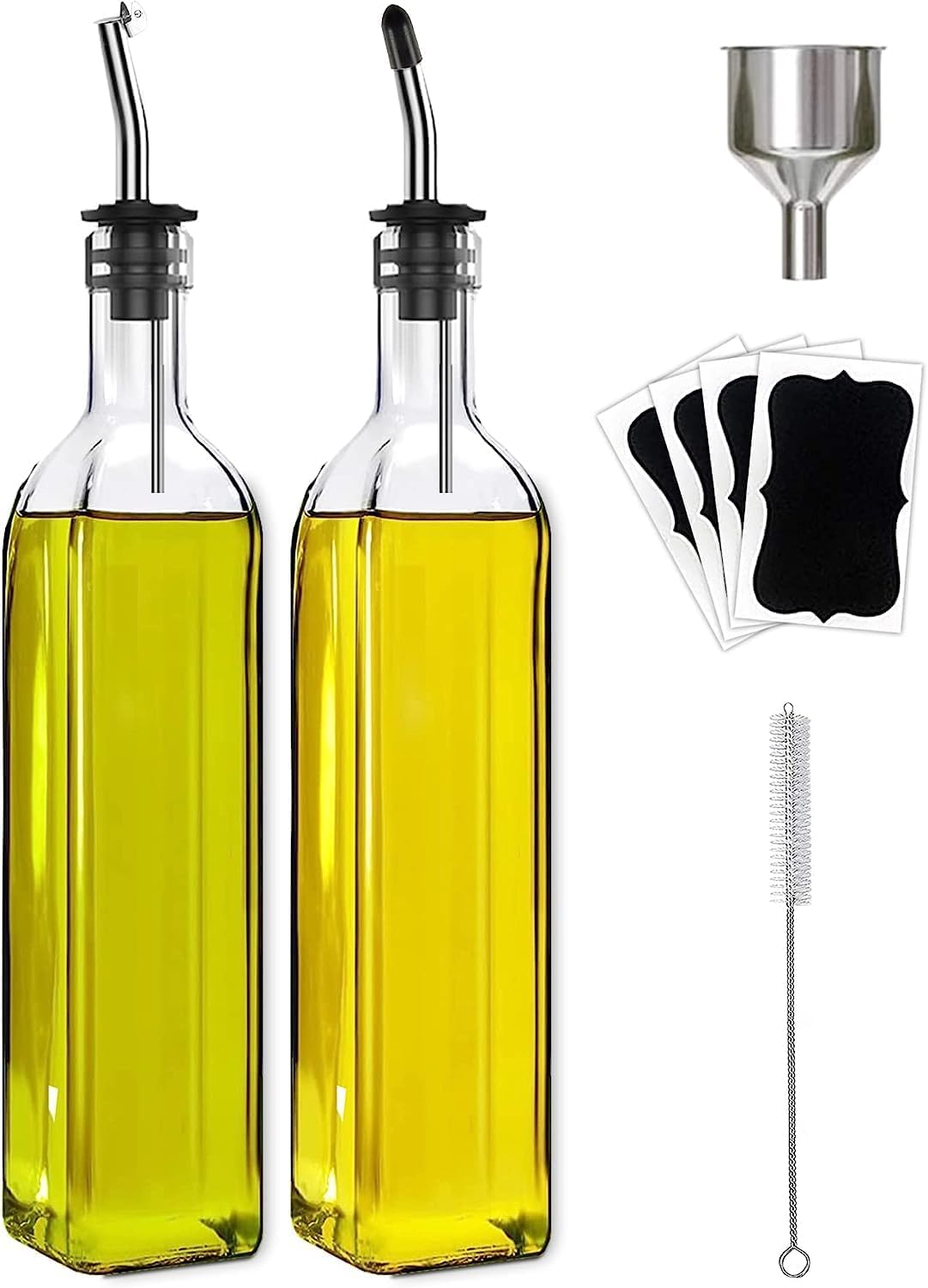 Olive Oil Dispenser Bottle 2 Pieces with 2 Stainless Steel Pourers, 4 Labels, 1 Brush and 1 Funnel Oil Bottles for Kitchen (500ml)