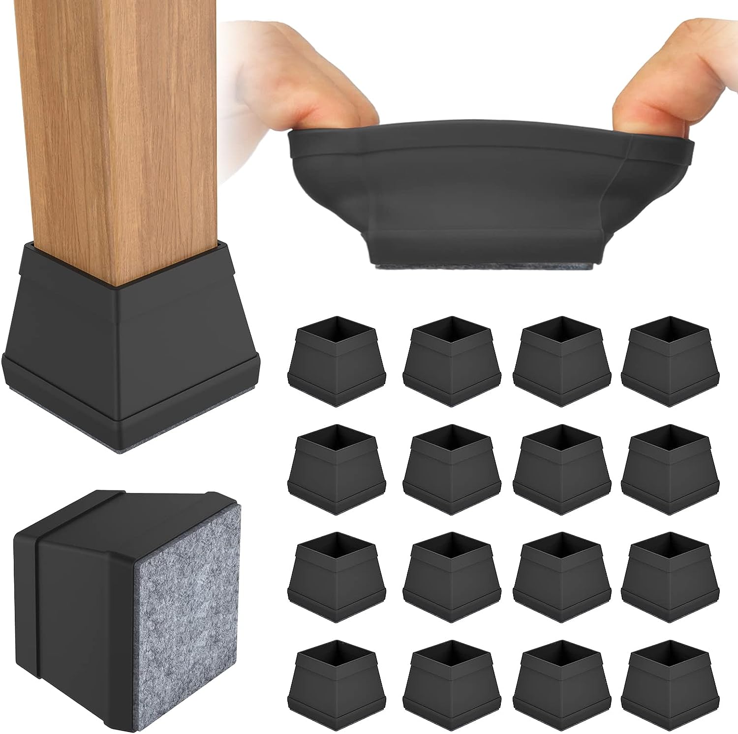 Chair Leg Floor Protector, 16PCS Square Furniture Leg Protectors with Felt, Black (1 1/2)