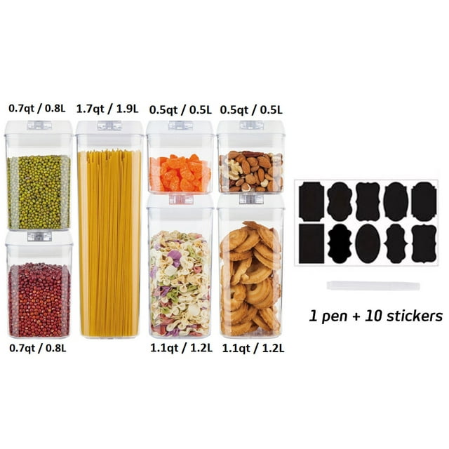 Airtight Food Storage Containers, 7 Pieces Plastic Cereal Containers with Easy Lock Lids, 10 Labels and 1 Marker Pen