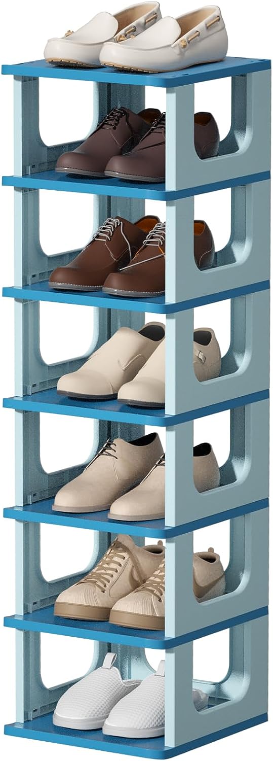 7 Tier Shoe Rack, Small Shoe Slots Corner Plastic Shelf, Blue