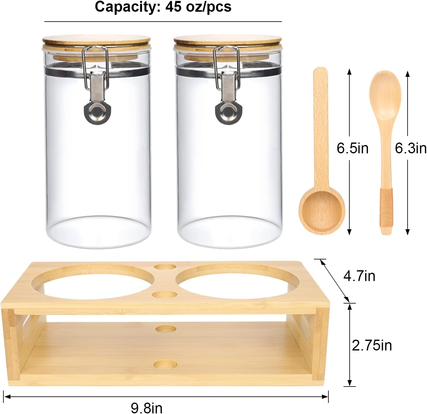 2 Pack Glass Coffee 45Oz Containers with Airtight Locking Clamp Bamboo Lids, with Scoop and Measuring Spoon