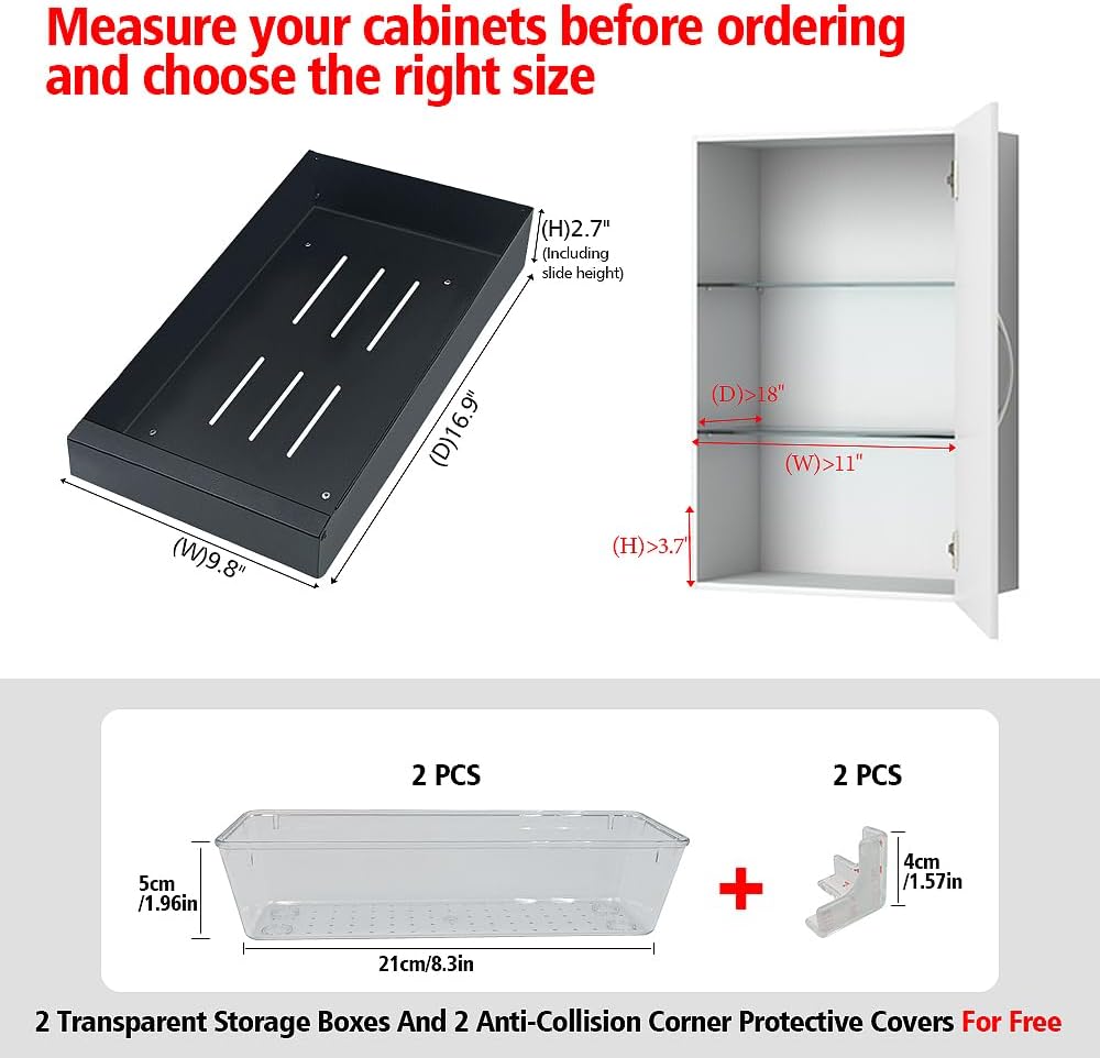 Pull out Cabinet Organizer, Carbon Steel Drawer Slide Out with Nano Adhesive Strip For Kitchen（9.8" W X16.9 DX2.7 H）