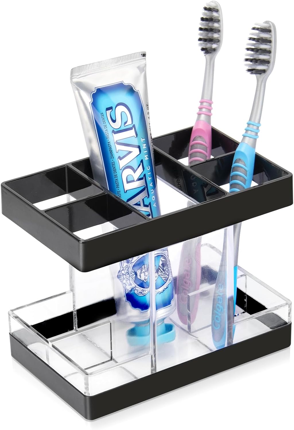 Toothbrush Holders for Bathrooms Countertop Organizer, 5 Slots Toothbrush and Toothpaste Holder (Clear/Black)