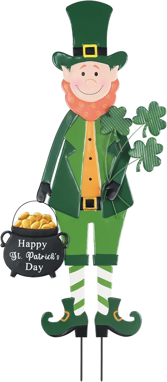 St Patricks Day Garden Stakes Irish Leprechaun with Shamrock Gold Pot for Home Yard Porch Lawn Decorative Decorations Outdoor