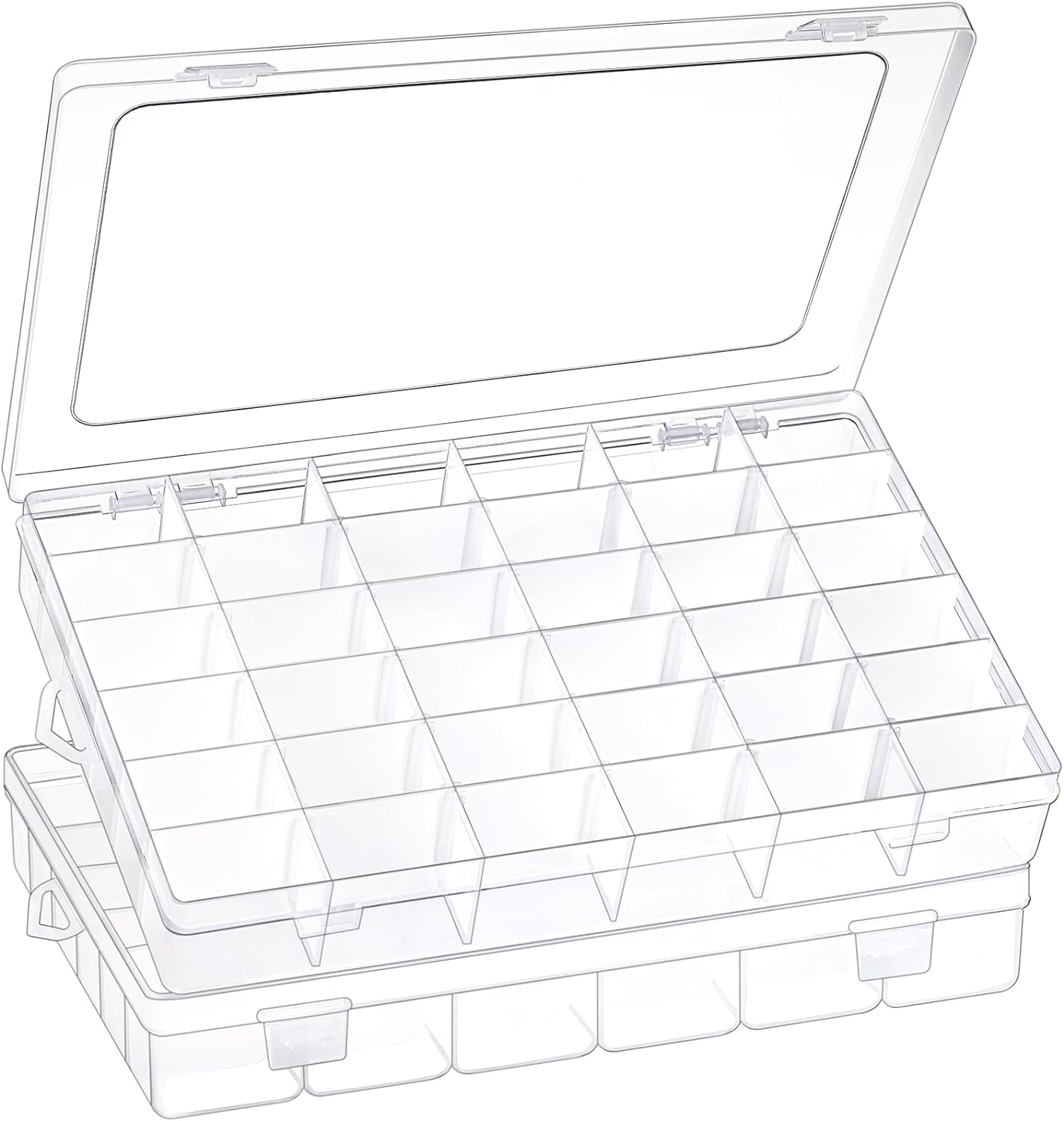 Clear Plastic Organizer Box with Adjustable Dividers, 2 Pack Small Craft Organizers with 36 Grids