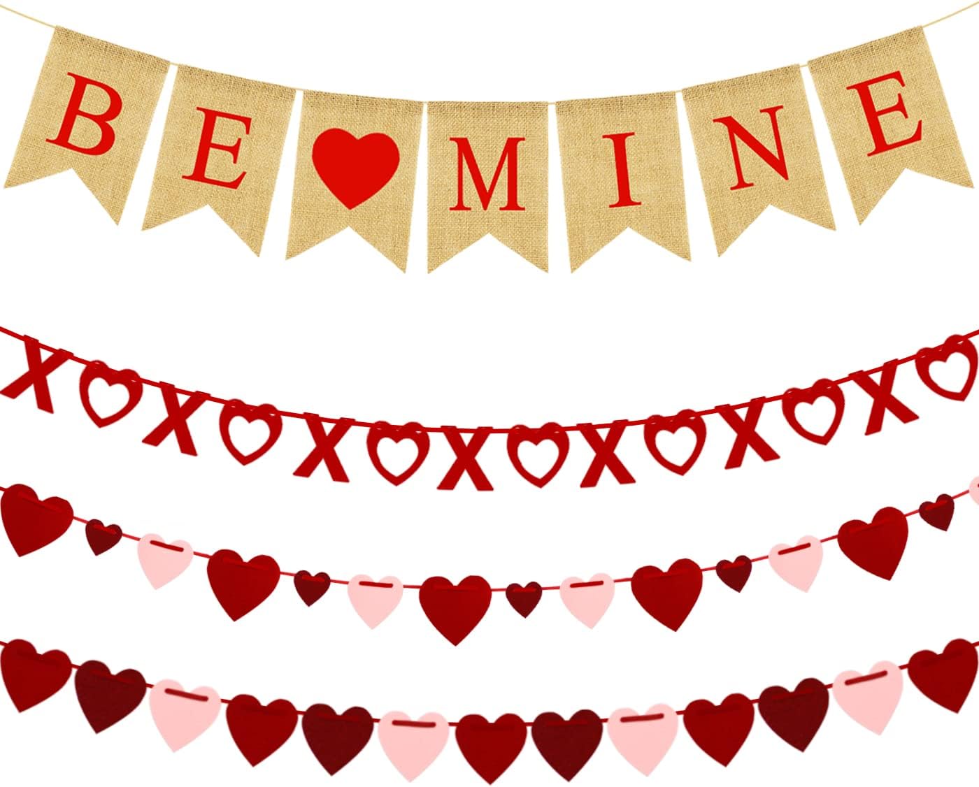 Valentines Day Decorations 4 Pieces Set, BE MINE Love Heart XO Garlands Banner