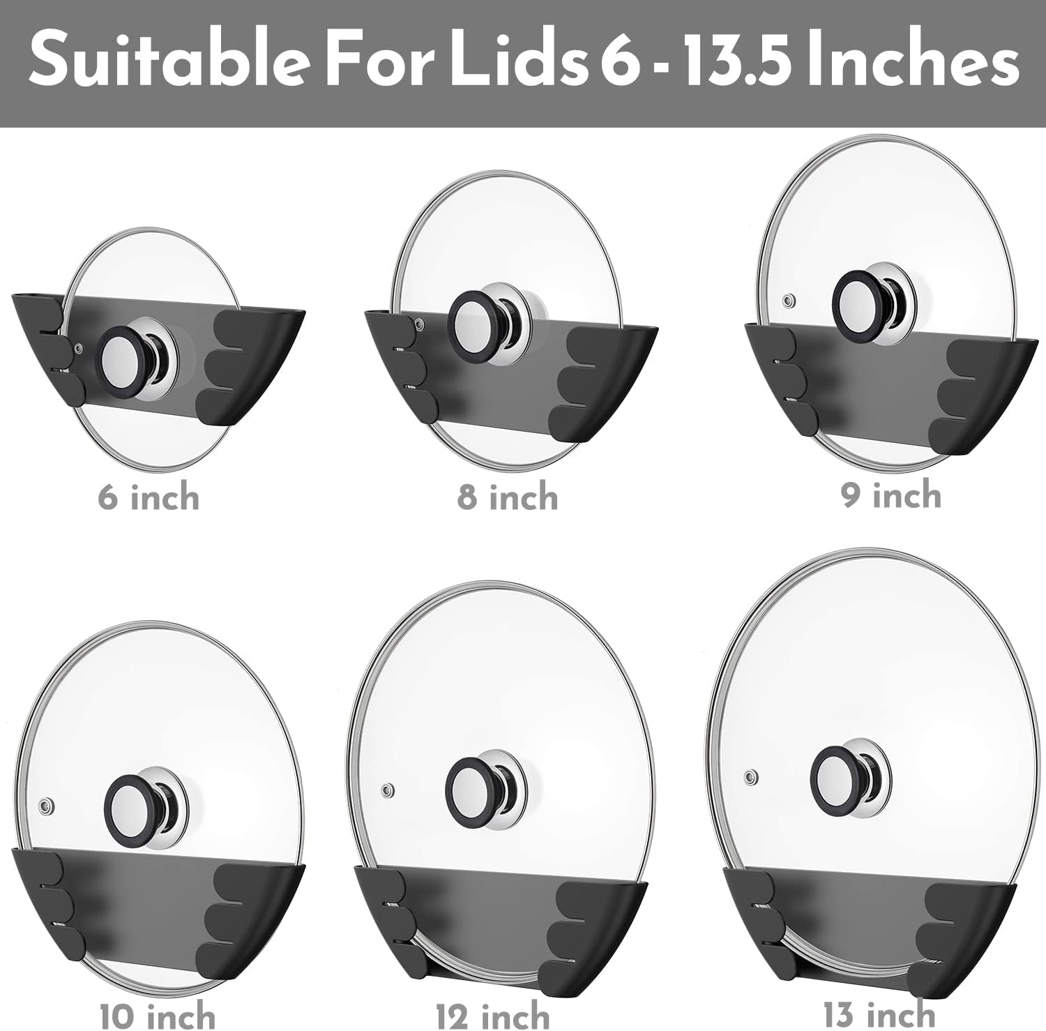 Universal Pot Lid Organizer 6 Pack, Wall Mount Lid Rack, Fits 6" to 13" (Black)