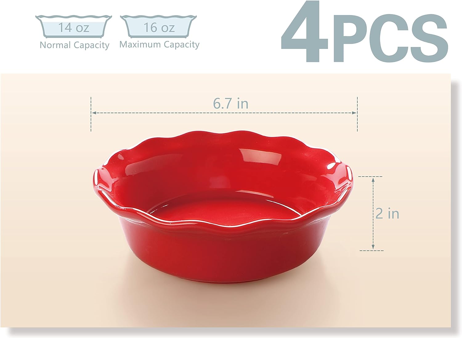 Pie Pans 6.7" Small Chicken Pot Pie Ceramic Plates Set of 4, Red