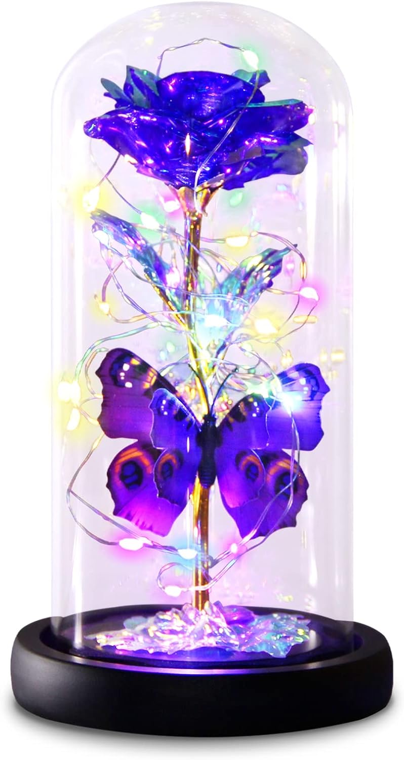 Valentines Day Rose Gifts for Her, Galaxy Purple Butterfly Rose in Glass Dome, Purple