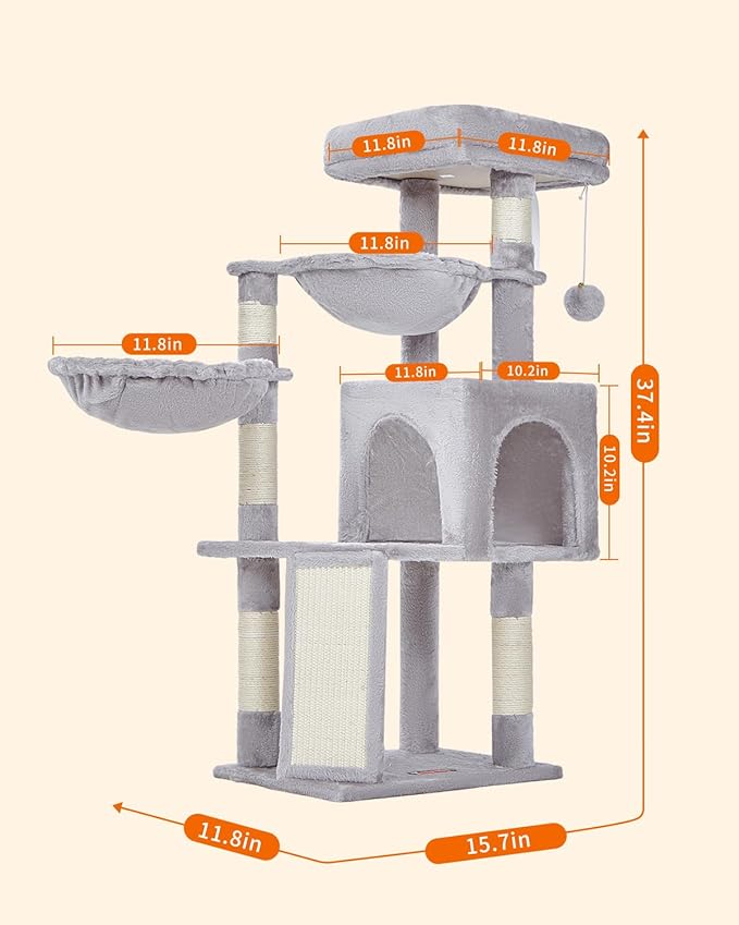 Cat Tower for Indoor Cats 37.4" with 5 Scratching Posts, Plush Perch, 2 Hammock, Pompoms, Scratching Ramp