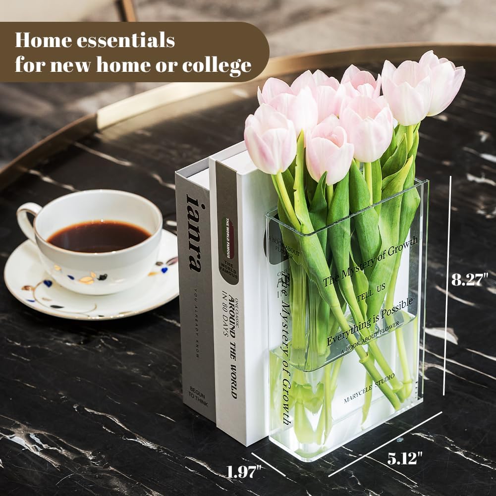 Book Vase for Flowers Book Lovers Gifts, Flower Vase for Room Decor, Clear