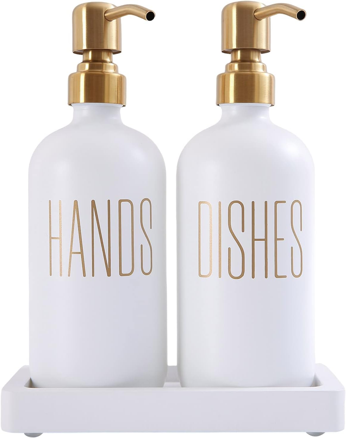 Glass and Stainless Steel Soap Dispenser Set for Kitchen Counters (White)