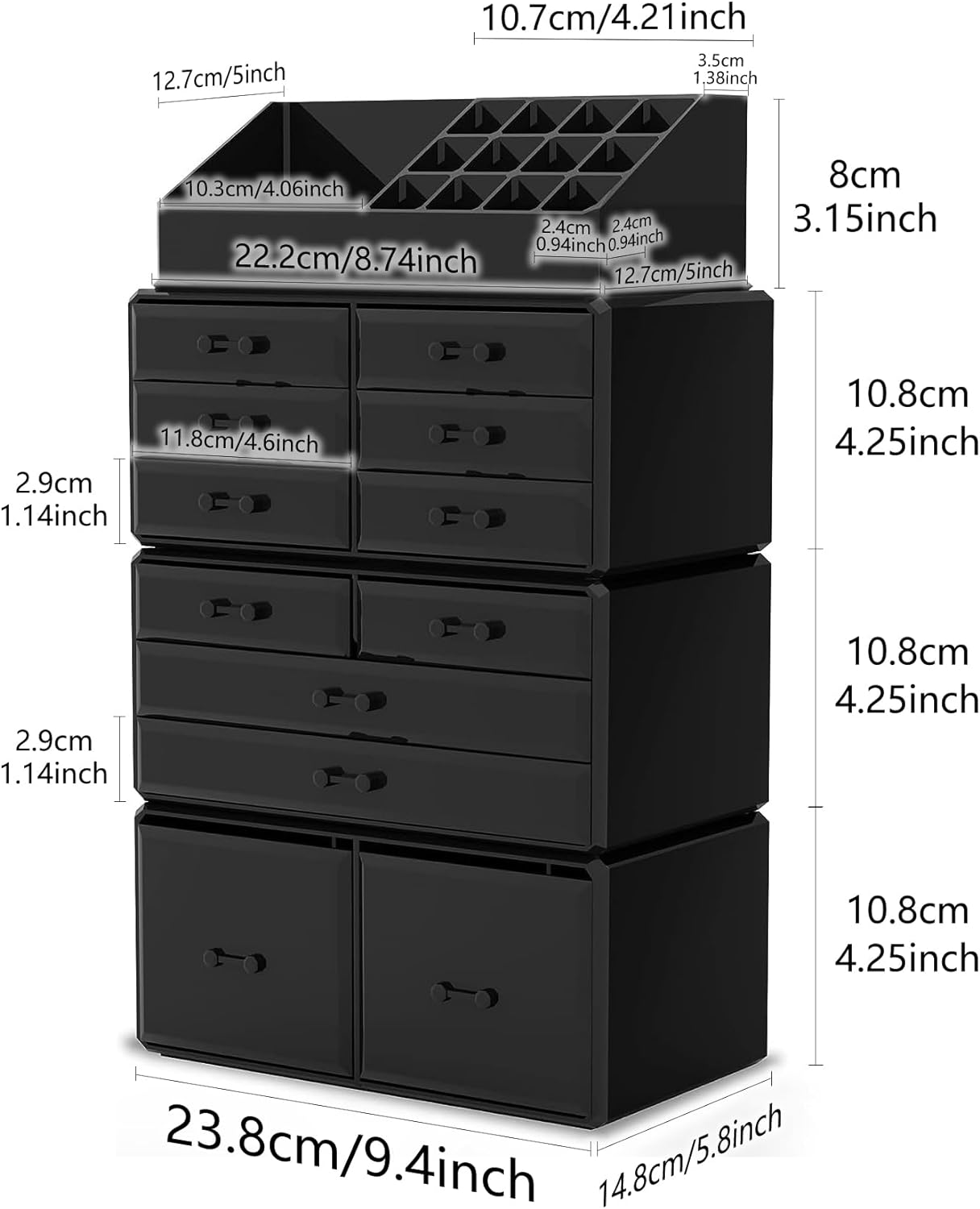 Makeup Cosmetic Storage Organizer with 12 Drawers (Black)