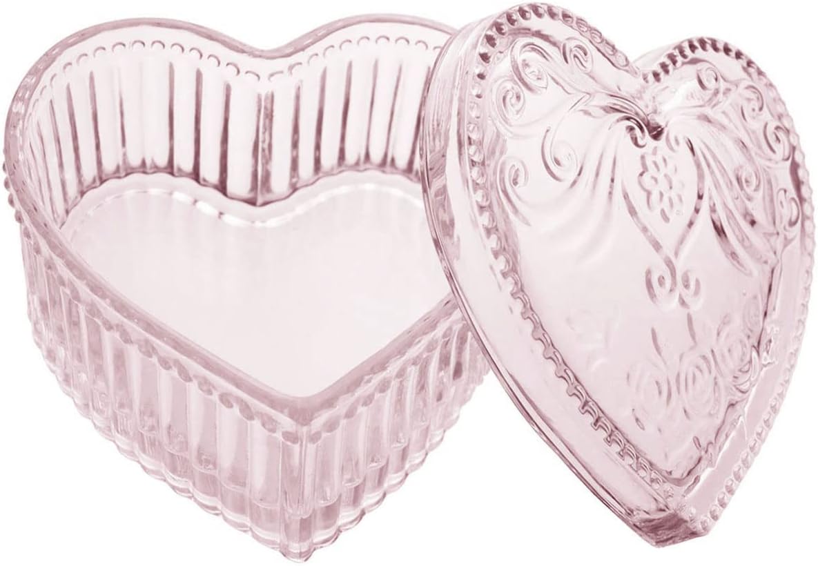 Pink Crystal Glass Heart-Shaped Storage Box Embossed Jewelry Box Candy Box with Lid