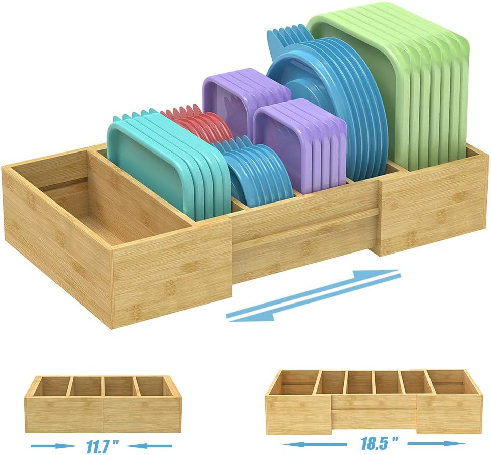 Expandable Bamboo Food Container Lid Organizer Rack with Adjustable Dividers