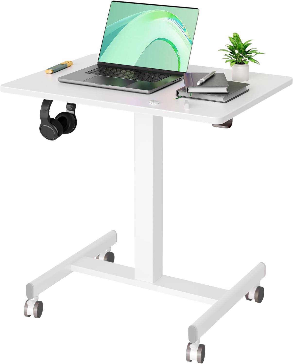 Mobile Standing Desk Workstation with Wheels for Home Office with Hook, White