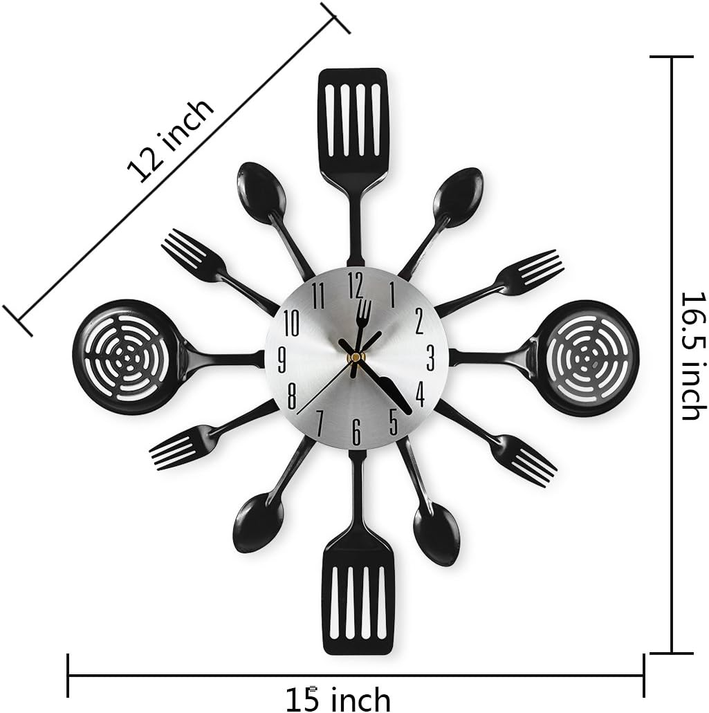 Kitchen Wall Clocks 16" with Spoons and Forks for Home Decor, Black