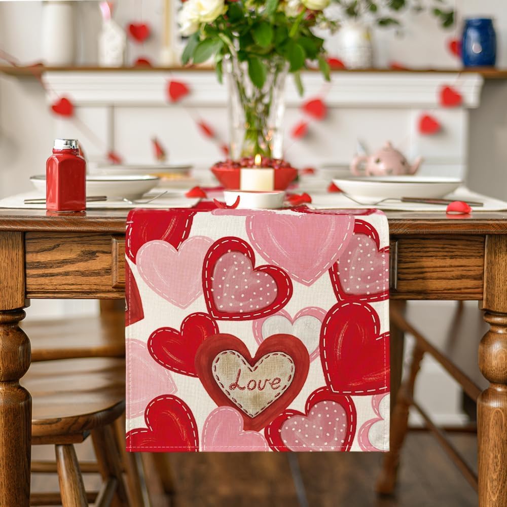 White Pink Love Heart Valentine's Day Table Runner (13" x 72")