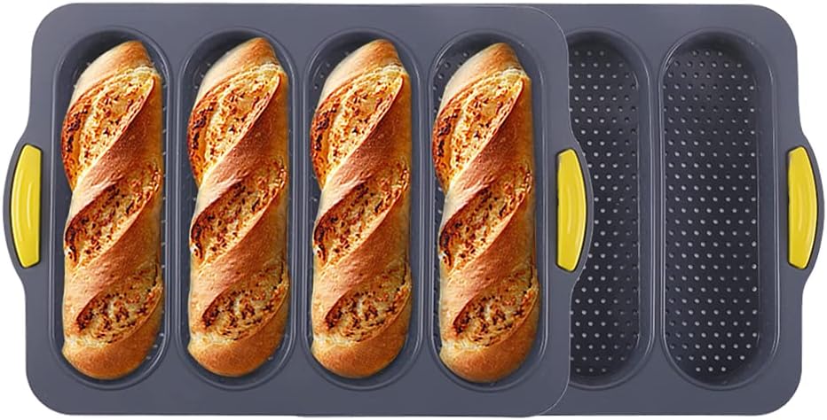 French Bread Loaf Pan Bread Set of 1 Pan Non-Stick Pan with 4 Buns, Black