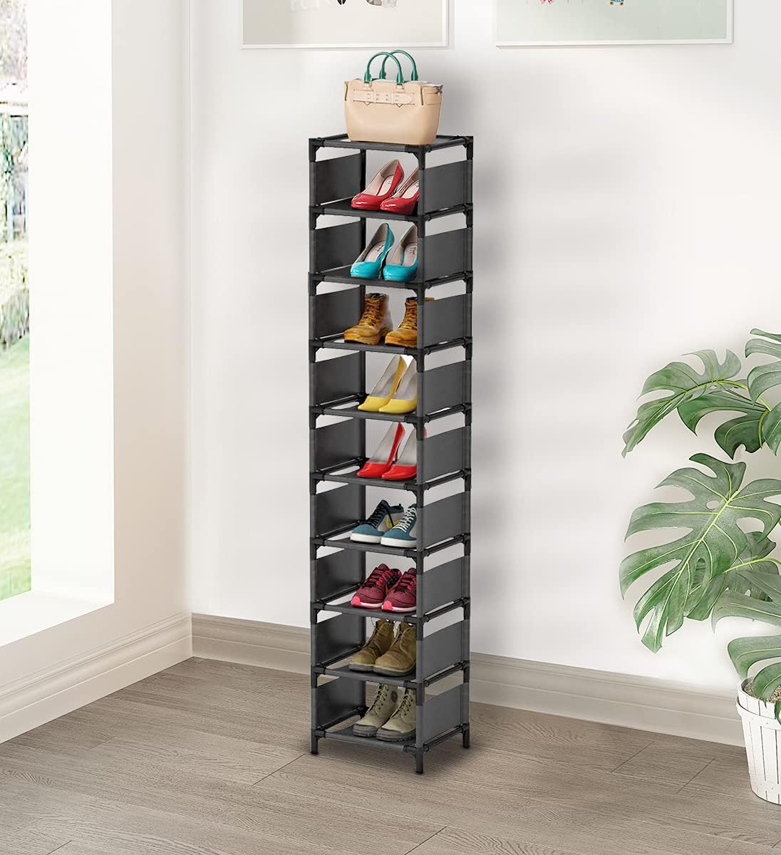 10 Tier Vertical Rack Space Saving Corner Shelf Shoe Tower (Black)