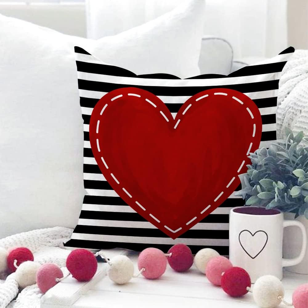 Valentines Day Pillow Covers 18" x 18" Set of 4 for Valentines Decor Red Black Stripes Love Heart I Love You