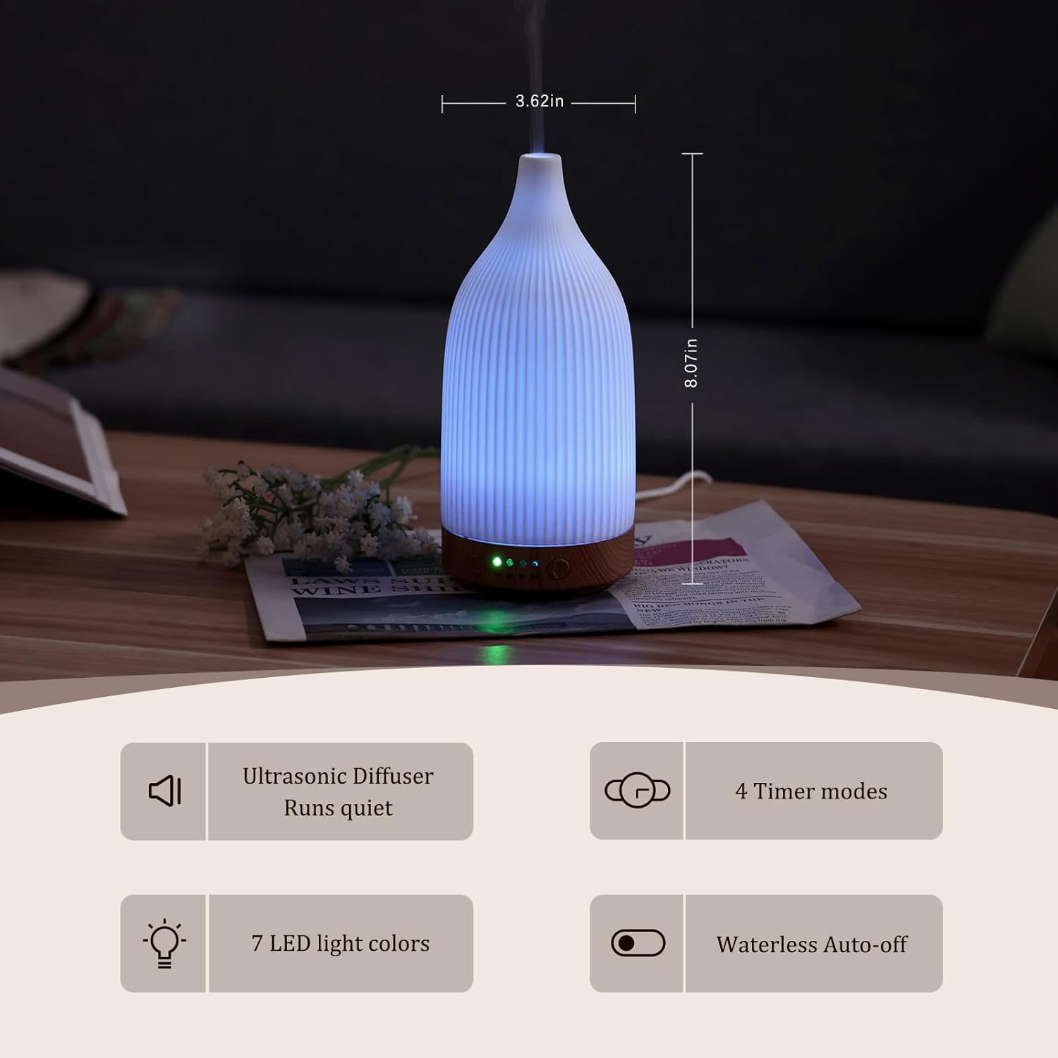 Aromatherapy Diffuser with Waterless Auto-Off with 4 Timer Setting & 7 Colors Night Light for Home Office, White