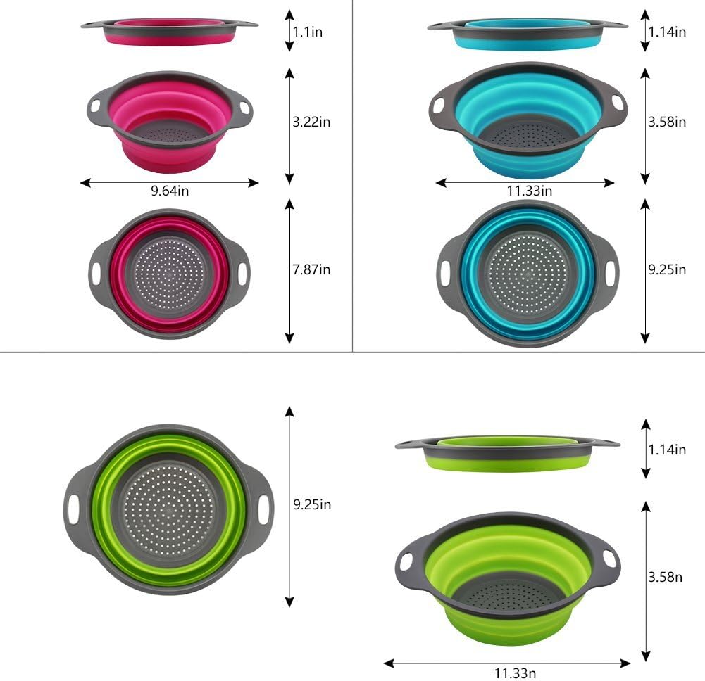 Colander Set of 3 Collapsible Round Silicone Kitchen Strainer Set (Green, Blue, Purple)