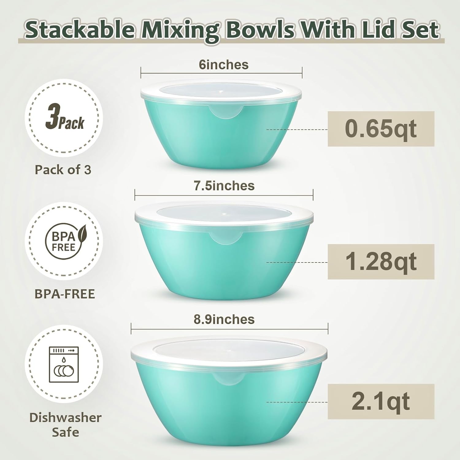 Plastic Mixing Bowls Set of 3 (3 Bowls and 3 Lids) with Sealing Lids, Aqua