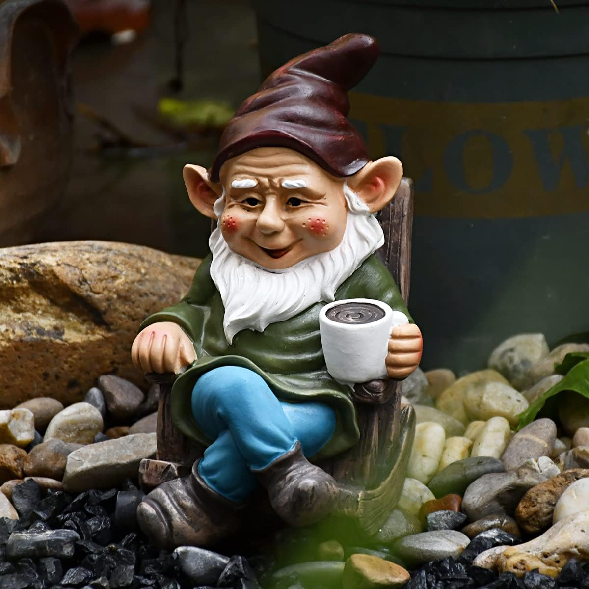 Drinking Coffee Garden Gnome Statue 7.3" Figurine Ornament for Indoor Outdoor Home Patio Yard Lawn