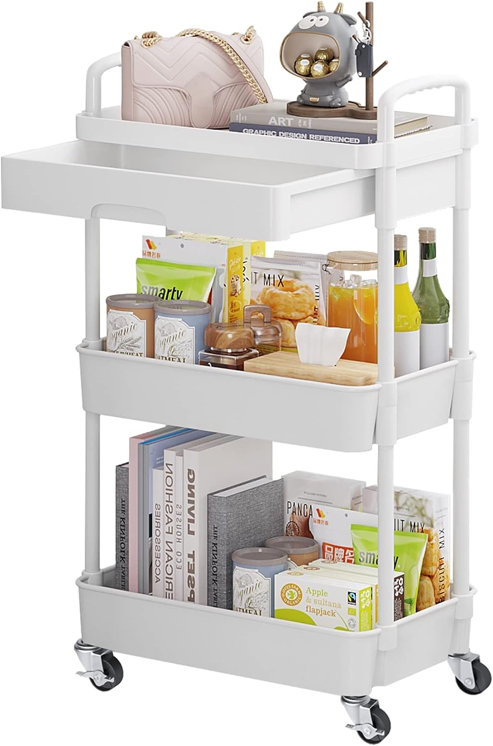 3 Tier Multifunctional Storage Organizer with Plastic Shelf & Metal Wheels, White