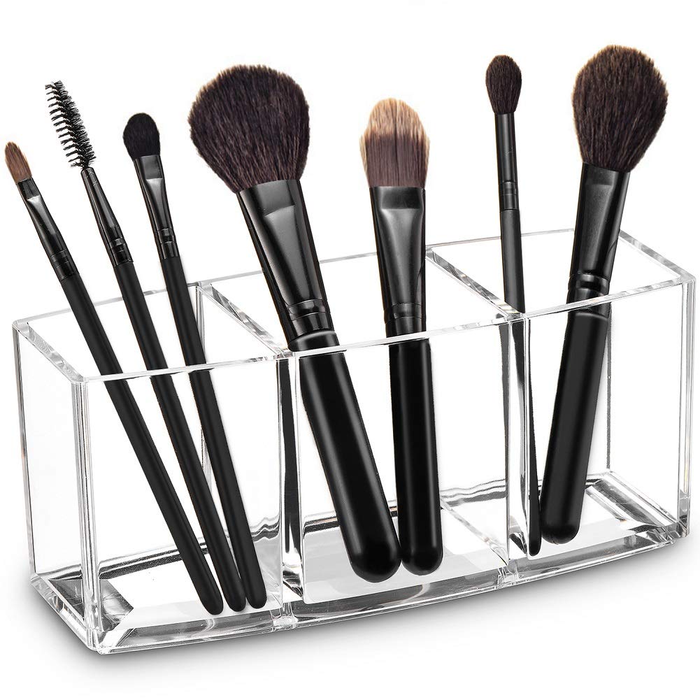 Makeup Brush Acrylic Organizer Cosmetic Brushes Storage with 3 Slots, Clear