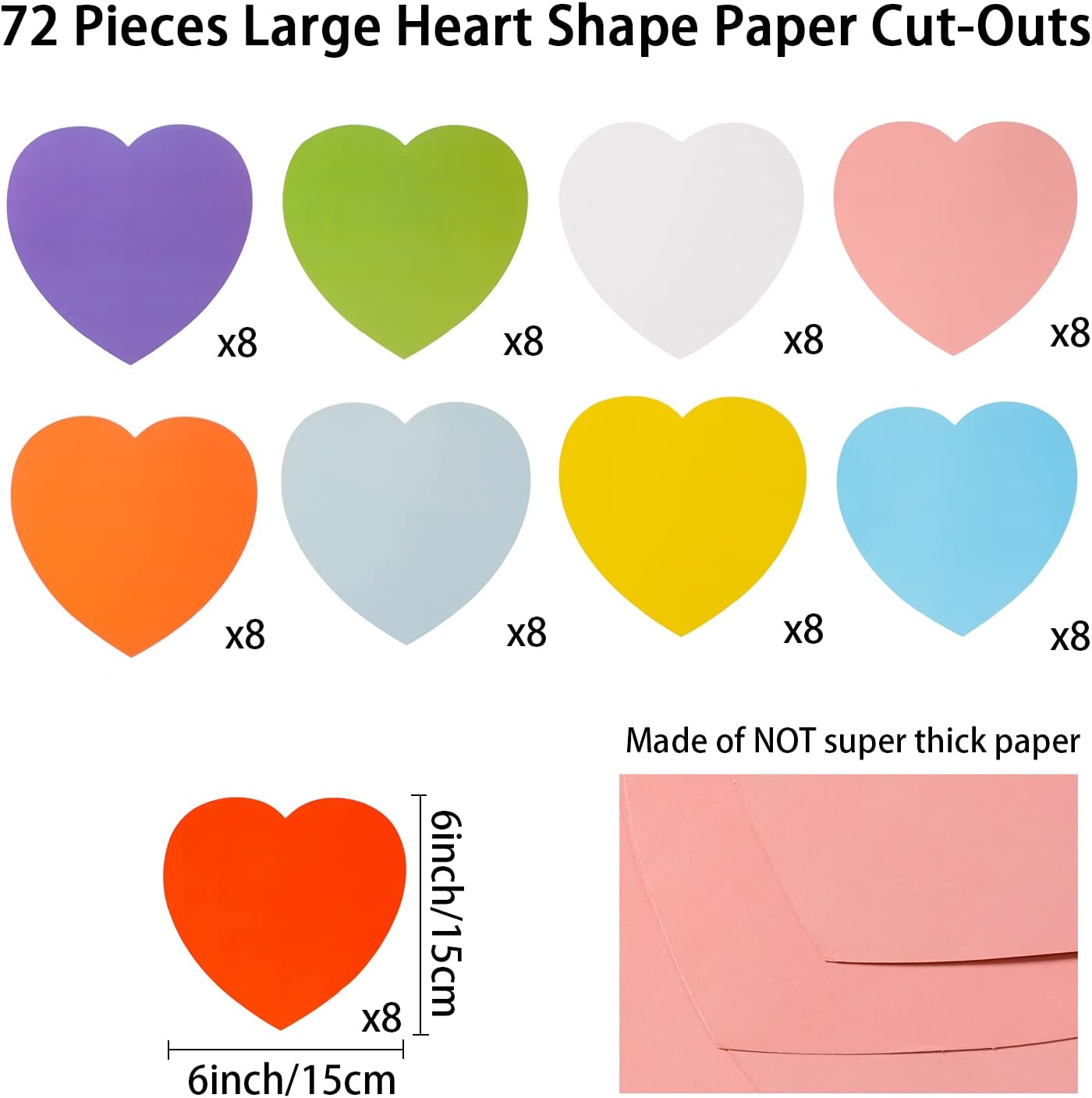 6" Large Heart Cutouts Assorted Color Creative Heart Shapes Double Sided (9 Colors)