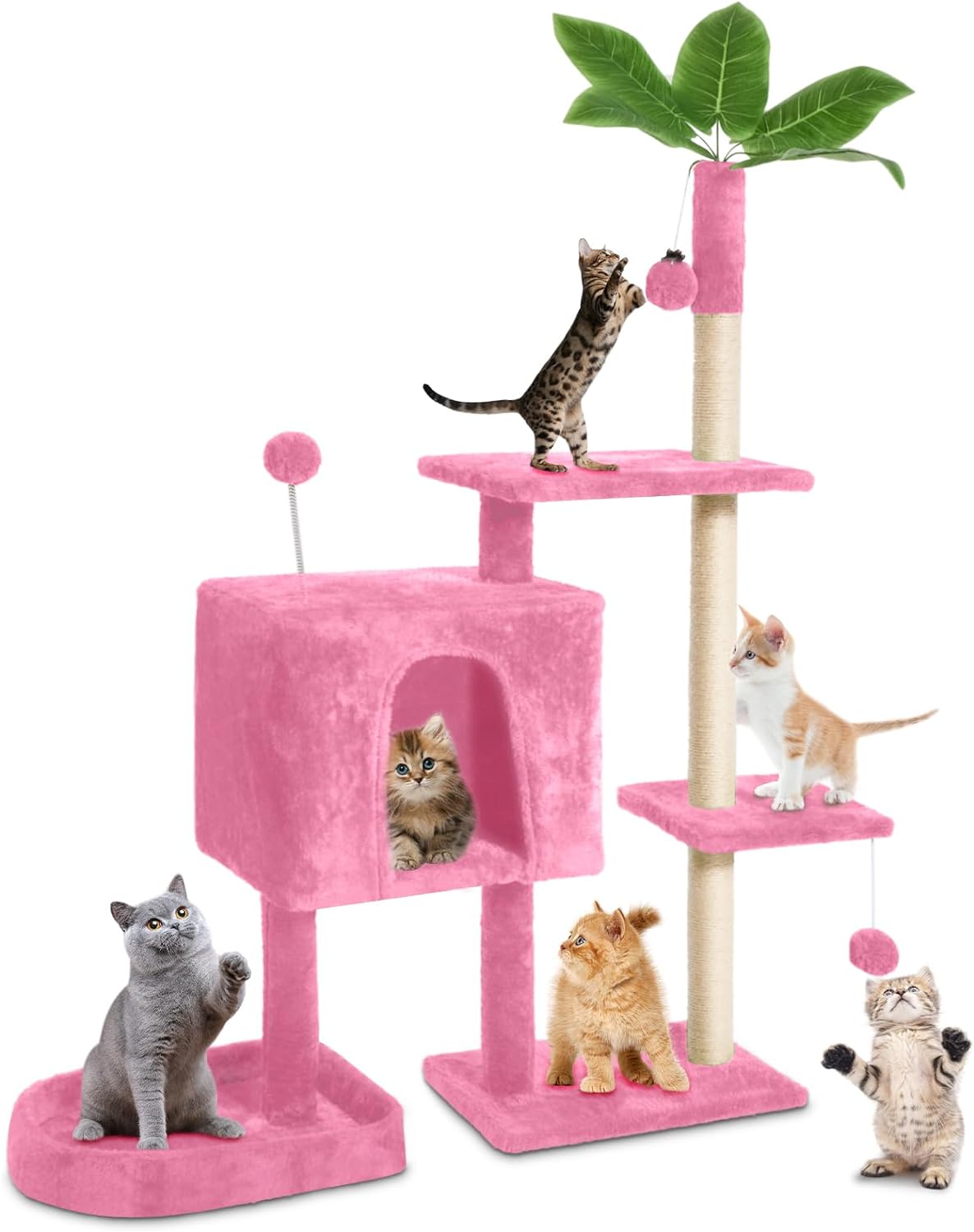 Cat Tree 52" for Indoor Cats with Green Leaves for Indoor Cats with Hang Ball, Pink