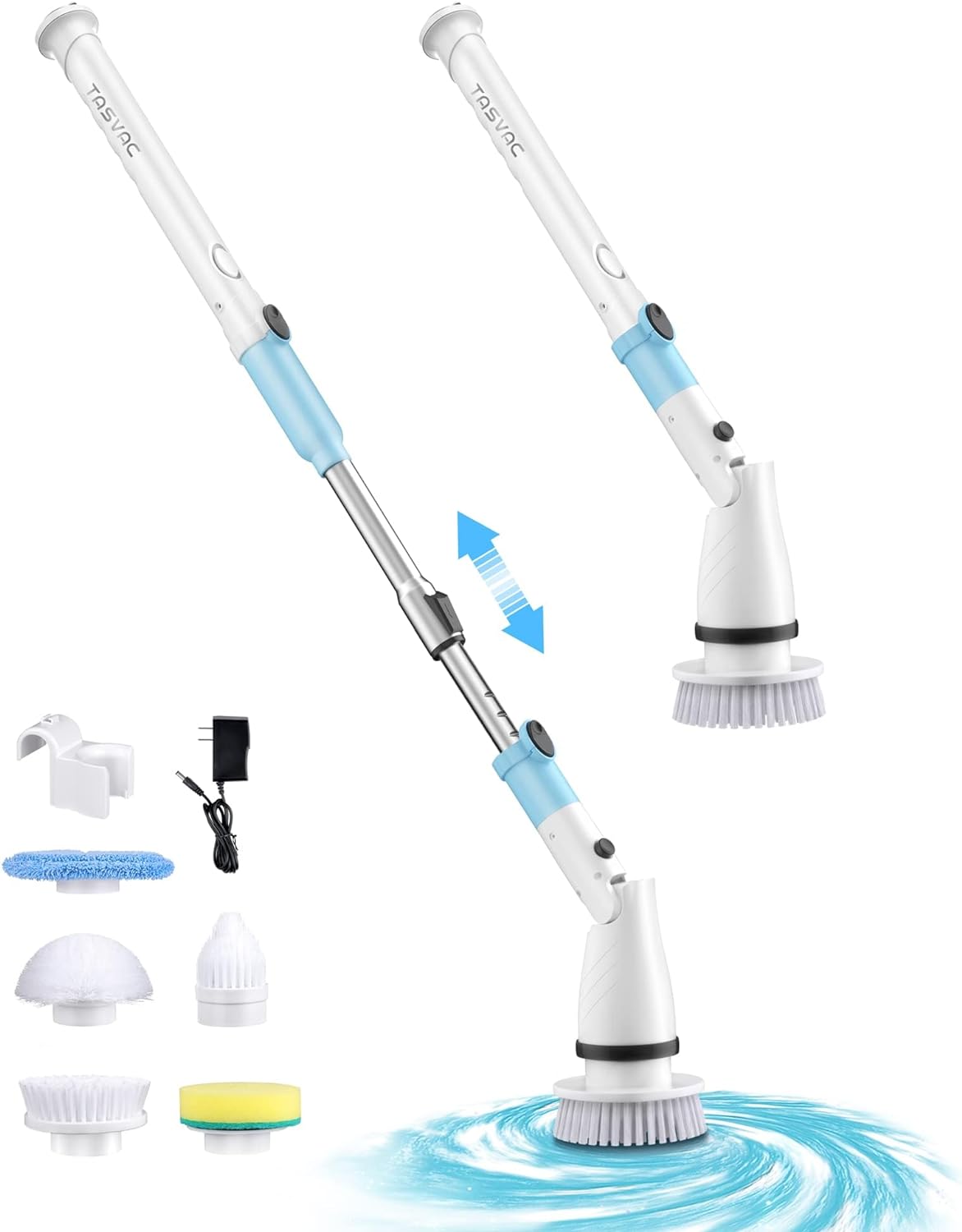 Electric Cordless Spin Scrubber Brush with 5 Replaceable Cleaning Heads and Adjustable Extension Arm, Blue