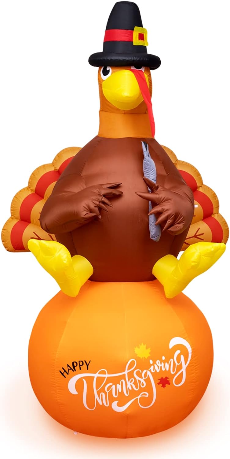 Inflatable Turkey 8FT Thanksgiving Inflatable Decorations Blow Up Turkey Built-in LED Lights