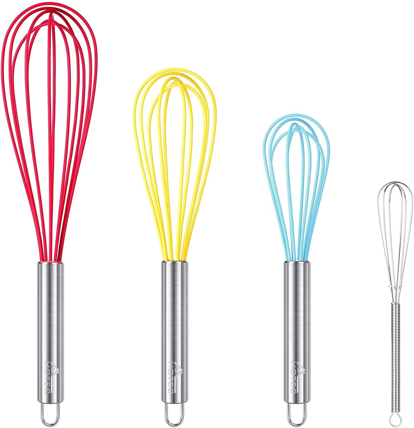 Silicone Whisks Set of 4, Non Slip Handle Wire Balloon Whisks Egg Beater (Multicolor