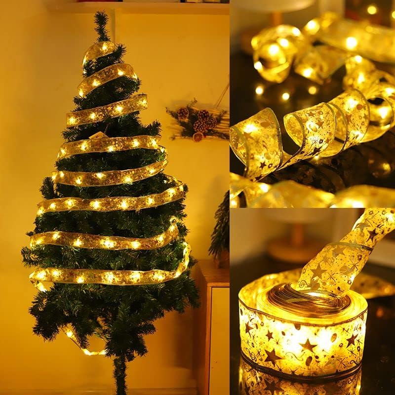 Christmas 32ft Gold String Lights 100 LED Lights Copper Wire Ribbon Bows Lights (Gold Warm Light Battery Powered)