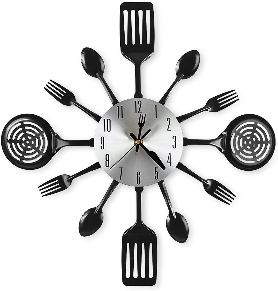 Kitchen Wall Clocks 16" with Spoons and Forks for Home Decor, Black